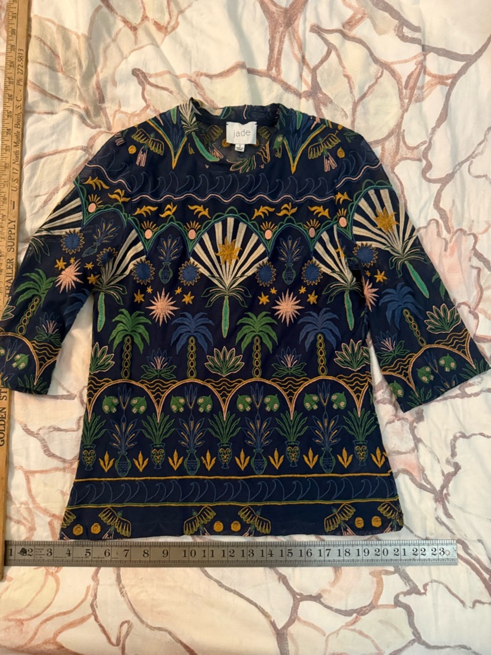 Jade Navy Multicolor Botanical Embroidered Tee